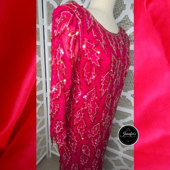 Scala Vintage 80's Red 100% Silk Sequin and Beaded Leaf Handkerchief Hem Dress - Picture 8 of 16